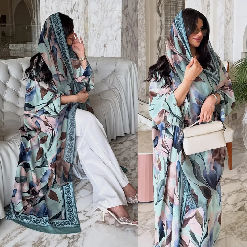 

Abaya Hijab 2 Piece Set Women Eid Muslim Flowers Dress Party Cardigan Robe Suit Jalabiya Ramadan Morocco Dubai Kaftan Vestidos