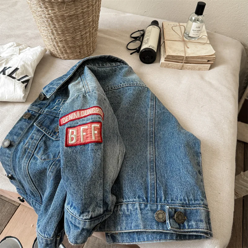 Autumn New Children Denim Embroidery Coat Baby Girls Versatile Casual Cardigan Boys Lapel Letter Jacket Kids Clothes