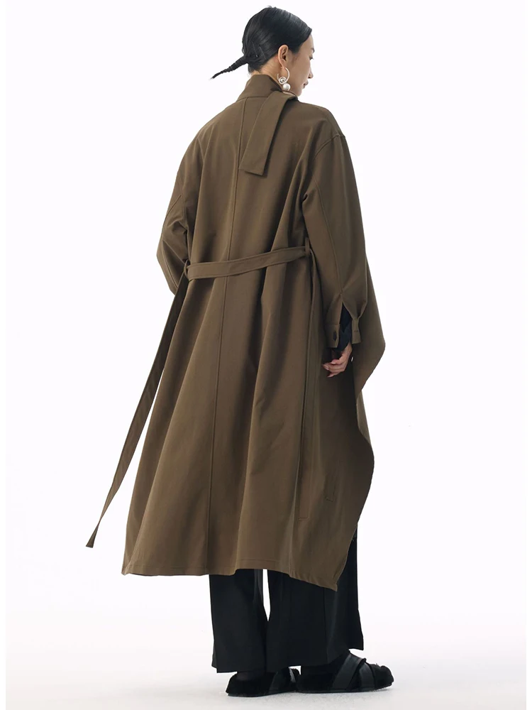 YERMORA Khaki Irregular Ruffles Belted Trench For Women Stand Collar Long Sleeve Loose Windbreaker Fashion Autumn Winter 2025