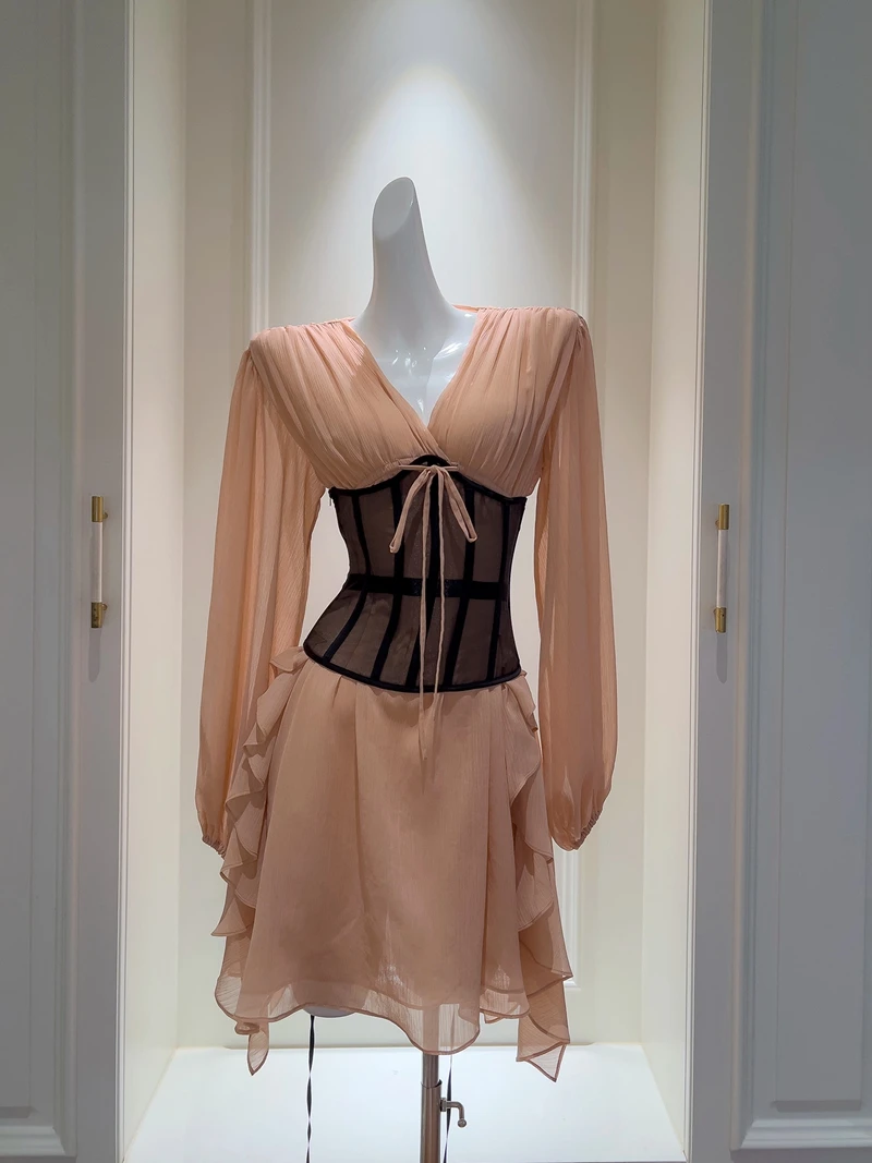 

Ele Pink Slimming V-Ne Gown with Floral s High Waist Sweep Train for Wedding Anniversary Gathering Performance