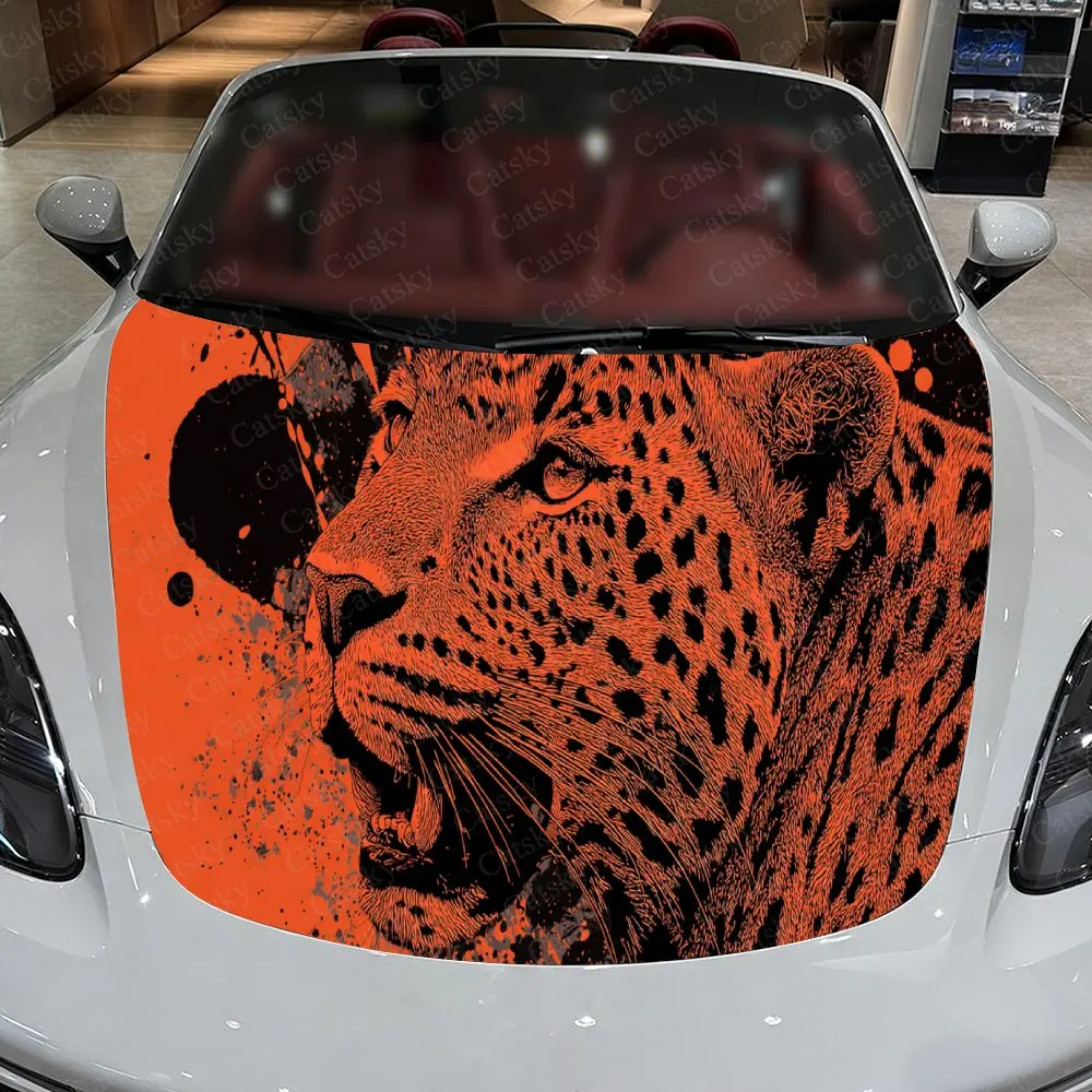 Car Decal Leopard with Orange Artistic Fusion in Textured Flame Design, Creating a Bold and Fiery Visual Car Hood Sticker, Water