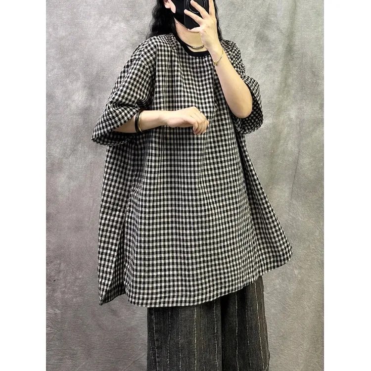 

Женская рубашка больших размеров, новинка весна-лето, в клетку, из хлопка и льна, свободного кроя, скрывающая живот, высококачественная базовая миди-рубашка с круглым вырезом