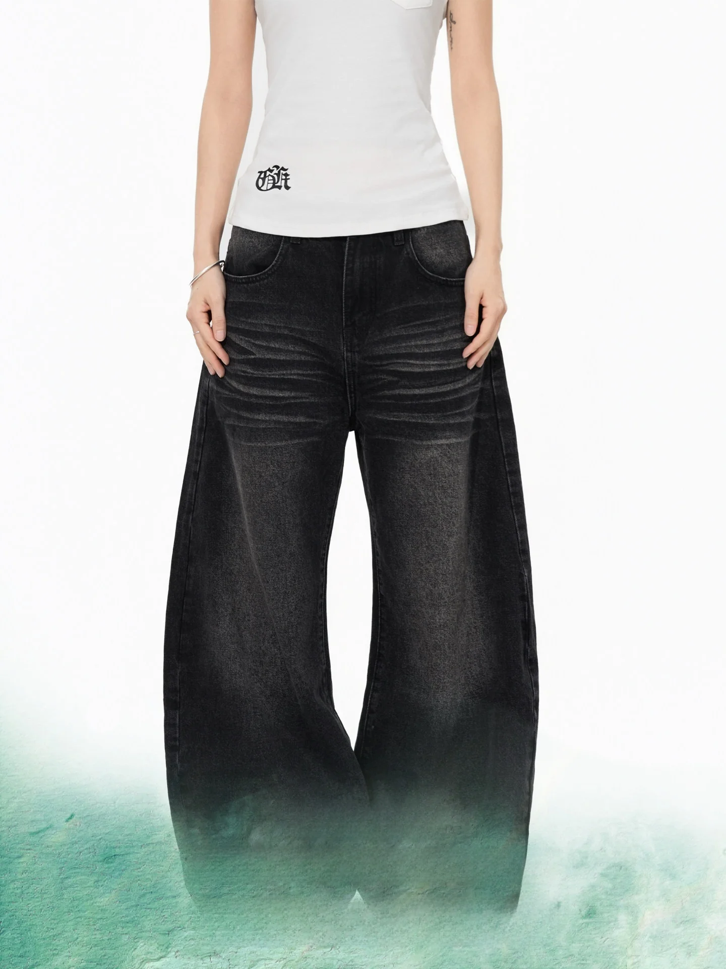 

Loose Casual Black Washed S3T5 Pattern Knife Jeans Unisex Comfortable Wide Leg Pants Neutral Style Wear Resistant