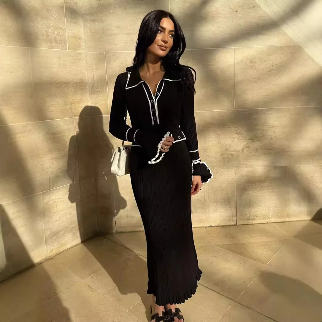 

Spring and Autumn New Fashion Splice Slim Knit Elegant Maxi Dress Long Sleeves Bodycon Dress Evening Dresses White Black Red
