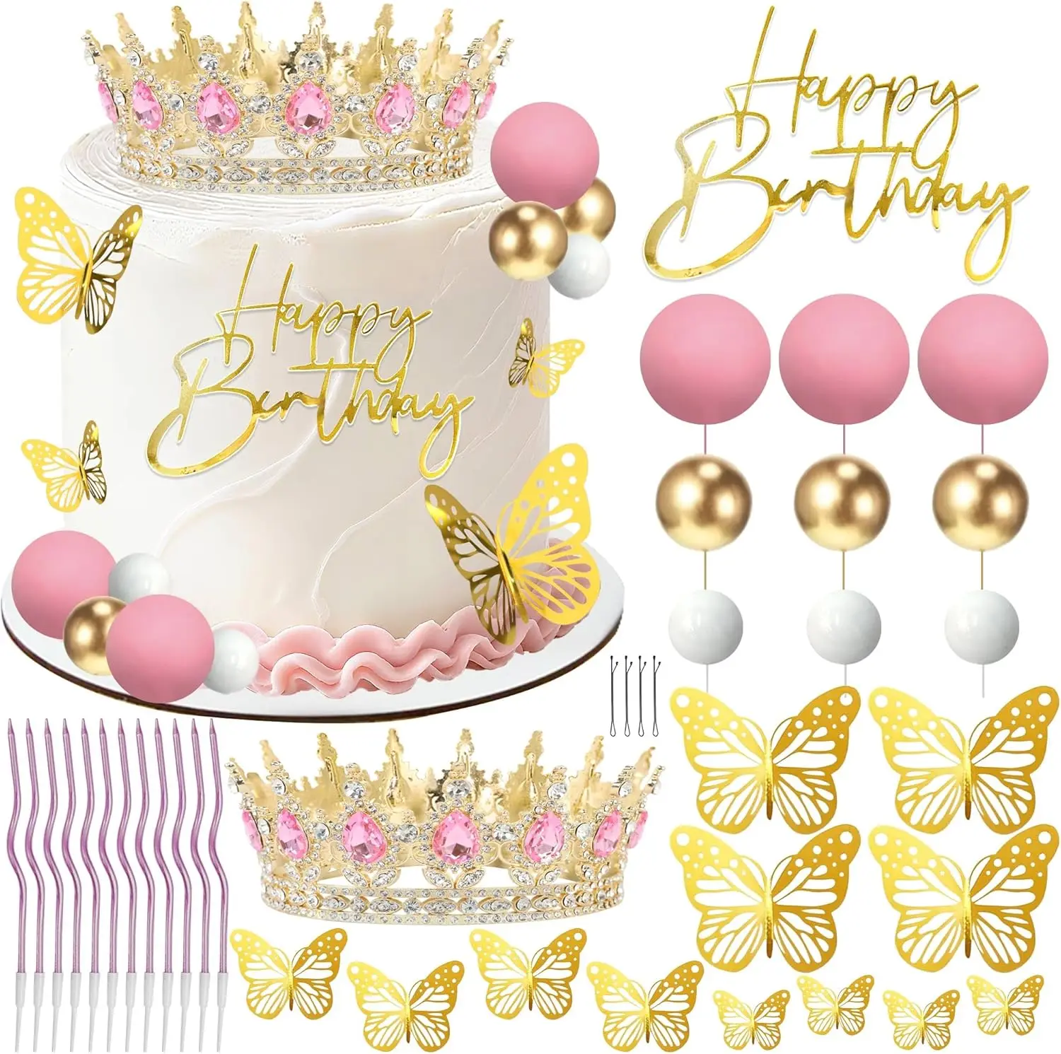 Kronen-Kuchenaufsatz, Kugeln, alles Gute zum Geburtstag, Kuchenaufsätze mit Kerzen, goldene Schmetterlinge, Kuchendekorationen für Hochzeit, Babyparty, Party – Detail 19