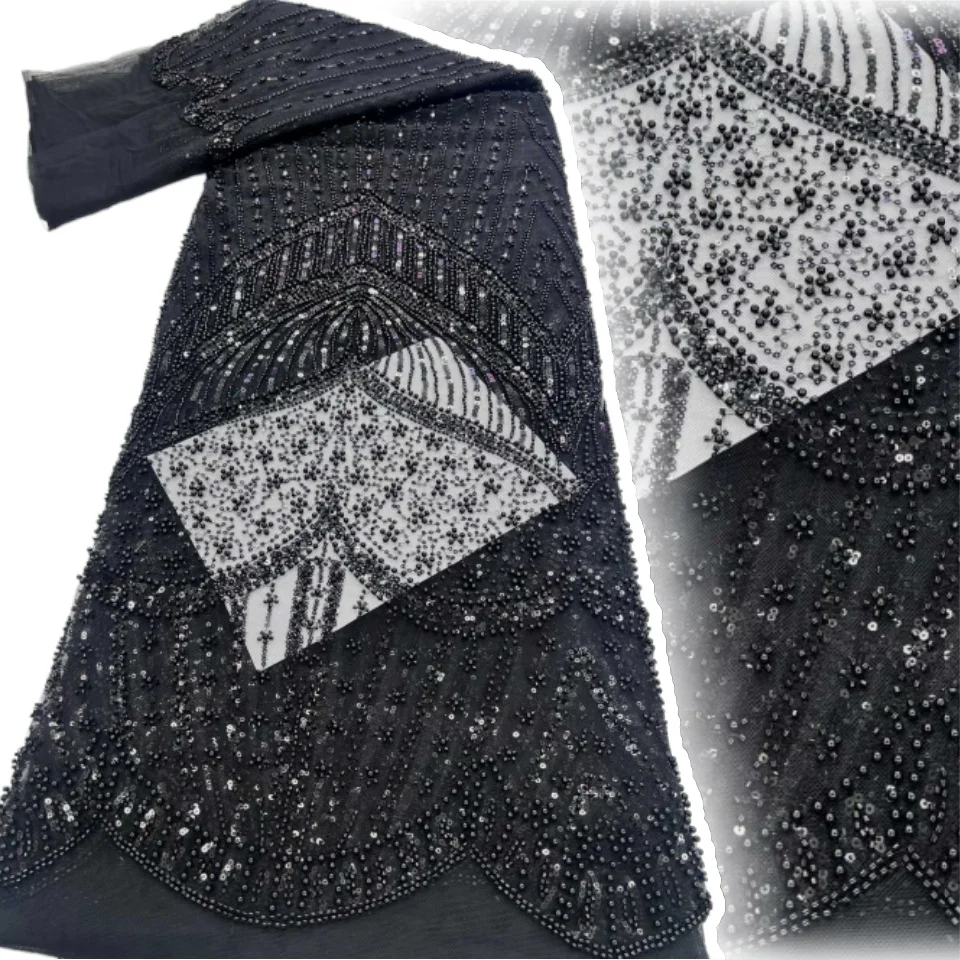 

Luxury French Mesh Lace Fabric Beaded Sequins Embroidery for Wedding Dress African Nigerian Style Sewing Material SZ1383