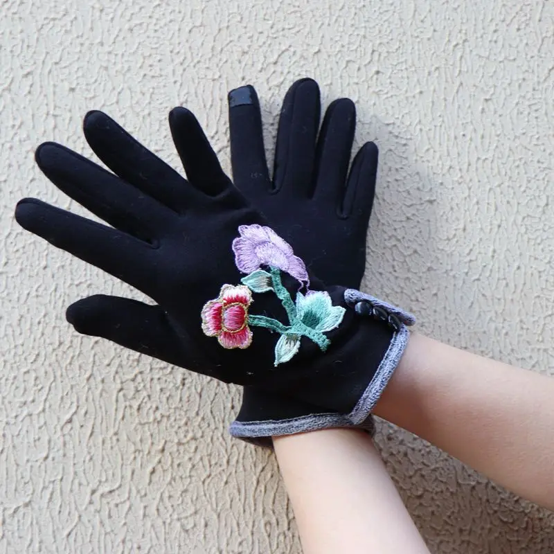 Embroidery 3D Flower Touch Screen Keep Warm Full Finger Glove For Women Girl Winter Outdoor Warm Driving Gloves Mittens