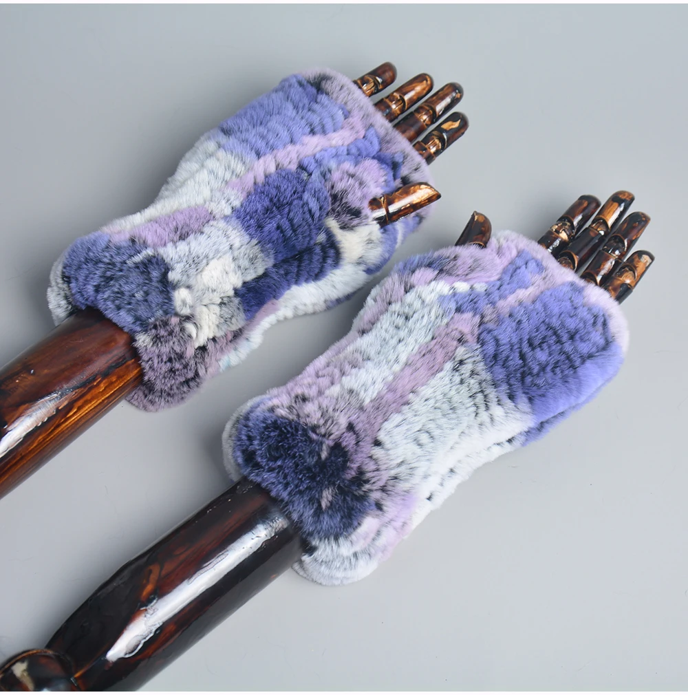 New Women 100% Real Genuine Knitted Rex Rabbit Fur Mittens Winter Warm Lady Real Fur Fingerless Gloves Handmade Knit Fur Mitten
