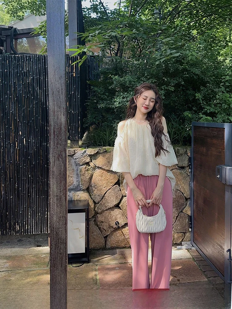 

Новые женские летние тонкие брюки-палаццо из ледяного шелка с цветочным принтом, драпированные, с высокой талией, повседневные, маленькие размеры