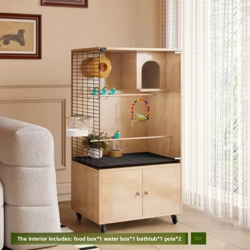 Luxury solid wood bird cage with glass doors and convenient wheels Eco-friendly breathable parrot villa