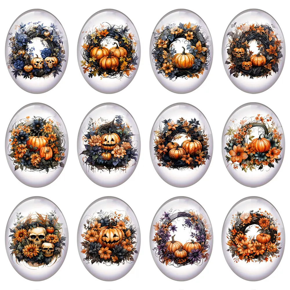 

10pcs/lot Halloween Gothic Autumn Fall Pumpkin Flower Garland Oval Photo Glass Cabochon Flatback Demo Cameo Diy Jewelry Making