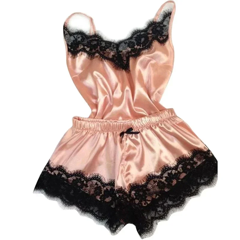 

Pajama Sets Women Sleepwear Suit V-Neck Stretch Satin Babydoll Lace Sexy Lingerie Bowknot Pyjamas Sleep Shorts Set