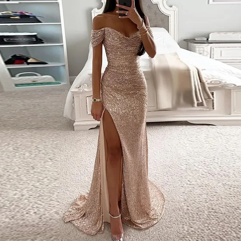 MisShow Sparkly Off Shoulder Mermaid Prom Dresses for Women Long Bodycon Sequin Gowns Glitter Maxi Evening Party Gowns with Slit