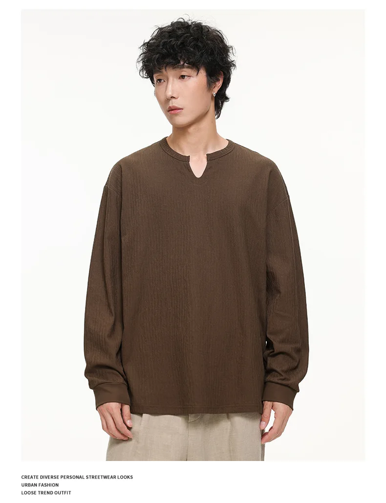 PFNW Versatile Solid Color Casual Base Shirt Men's V Neck Textured Long Sleeve T Shirt 2026 Autumn New Tide 28L3528