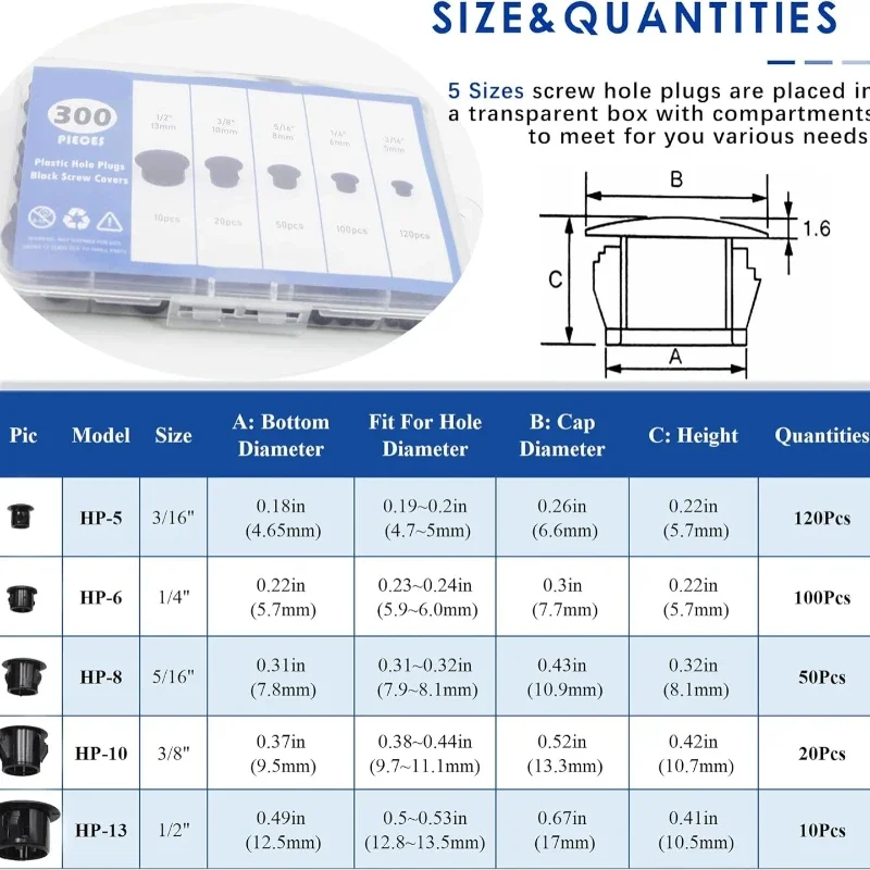 300pcs 5mm-13mm Plastic Hole Plugs Assorted Black Door Screw Covers Caps-Snap Type Insert Washer Lock Button Plug Kit