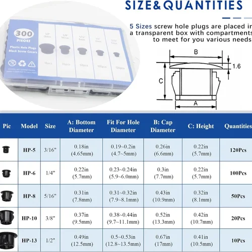 Imagen 2 del producto 300 Uds. Tapones para agujeros de plástico de 5mm-13mm, surtido de cubiertas de tornillos de puerta negras, Kit de enchufe de botón de bloqueo de arandela de inserción tipo presión