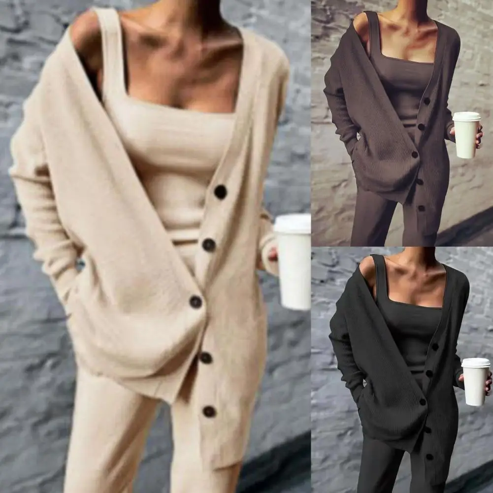 

Autumn Winter Solid Knitted Sweater 3pcs Women Outfits Off Shoulder Top Cardigan And Long Pants Suit Sexy Button Office Lady Set