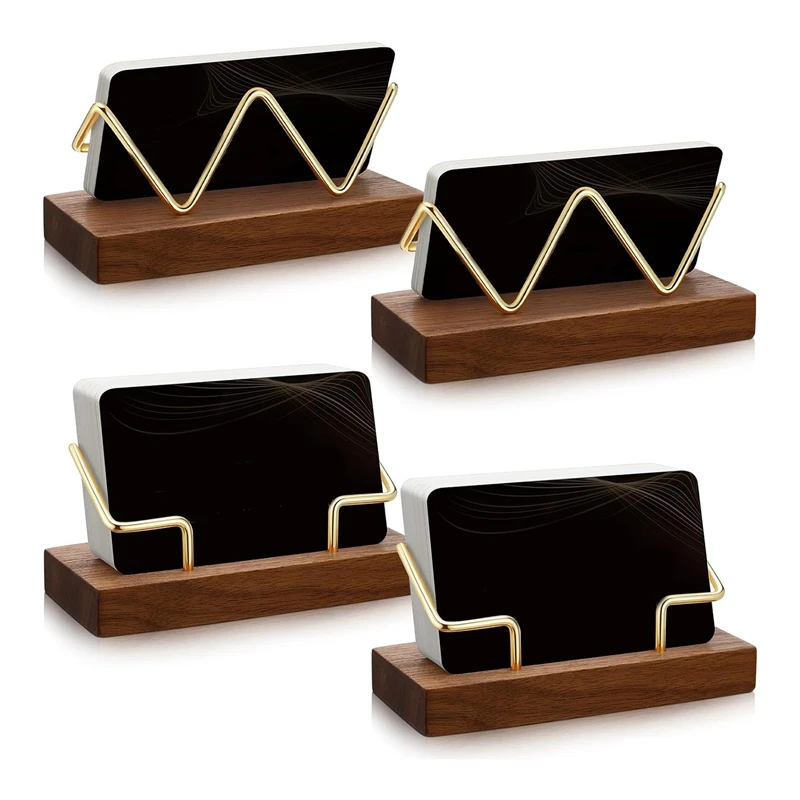 4 PCS Wood Business Card Holder Gold Card Holder Stand Name Card Organizer Wood+Metal Name Card Business Card Display Holders