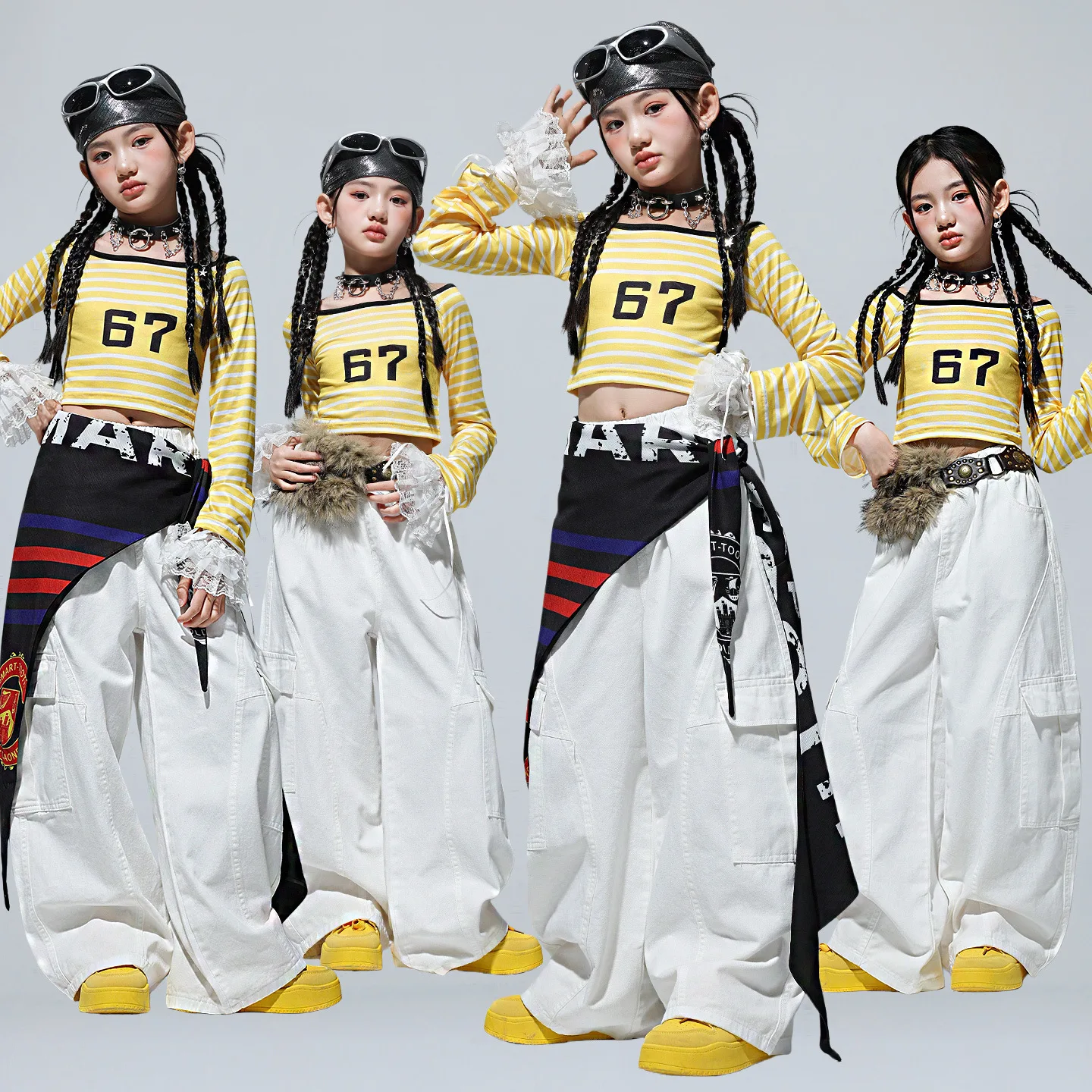 

Kid Kpop Hip Hop Clothing Yellow Striped Crop T Shirt Top White Curved Blade Cargo Pants for Girls Street Dance Costumes Clothes