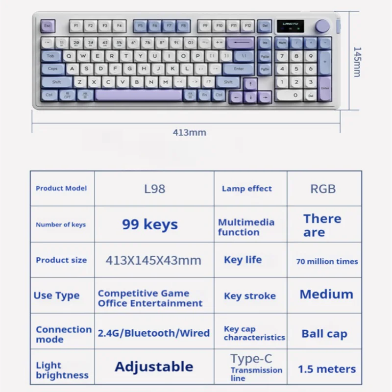 Imagem -06 - Langtu-teclado sem Fio para Jogos Teclado de Junta L98 99 Key Hot Swappable bt 2.4g Usb-c Preenchimento de Som de Camadas Layout Nkro 98 Branco