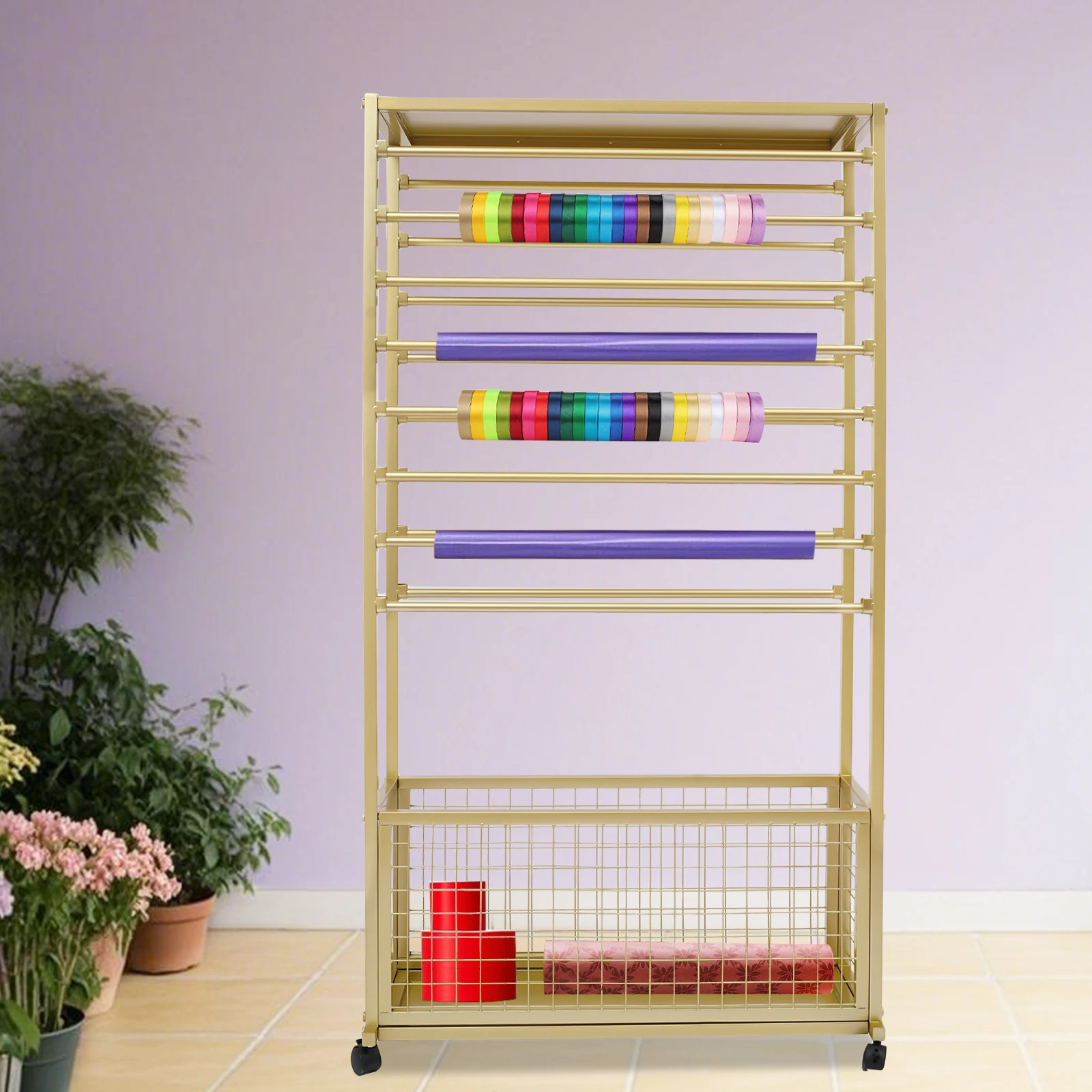 

16 Rods Ribbon Holder Gold Iron Organizer Rack, 80x32x150cm with 4 Wheels Floor Mount for Florists Homes