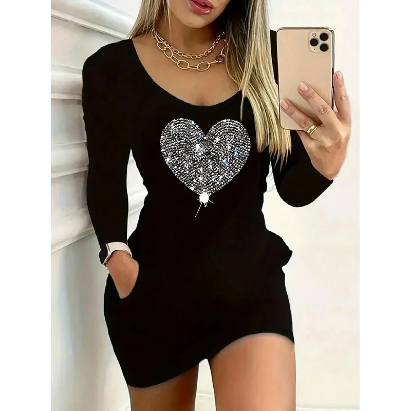 

Новое женское повседневное элегантное длинное платье с круглым вырезом, длинными рукавами, узором в виде сердец и инкрустацией стразами, облегающее бедра, коллекция 2026 года