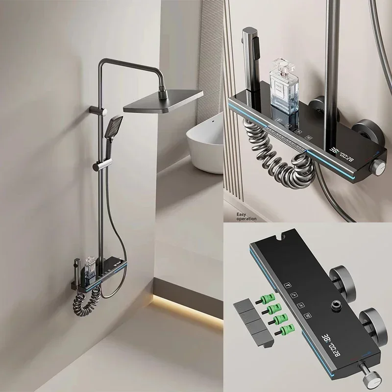 

Piano Key 4 Function Water Outlet Rainlfall Shower Set Bathroom Wall Mounted Intelligent Digital Display Shower Faucet System