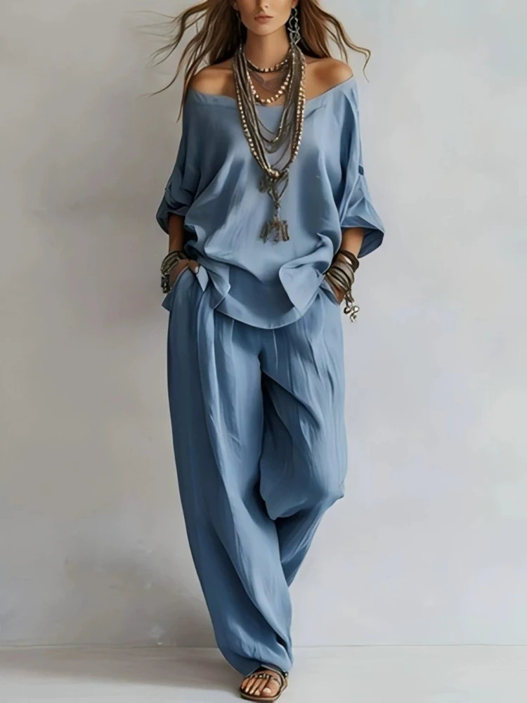 

Elegant Lady Solid Color Suits Casual O-neck Off Shoulder Long Sleeve Tops&Pocket Pants Set Spring Summer New Linen Commute Sets