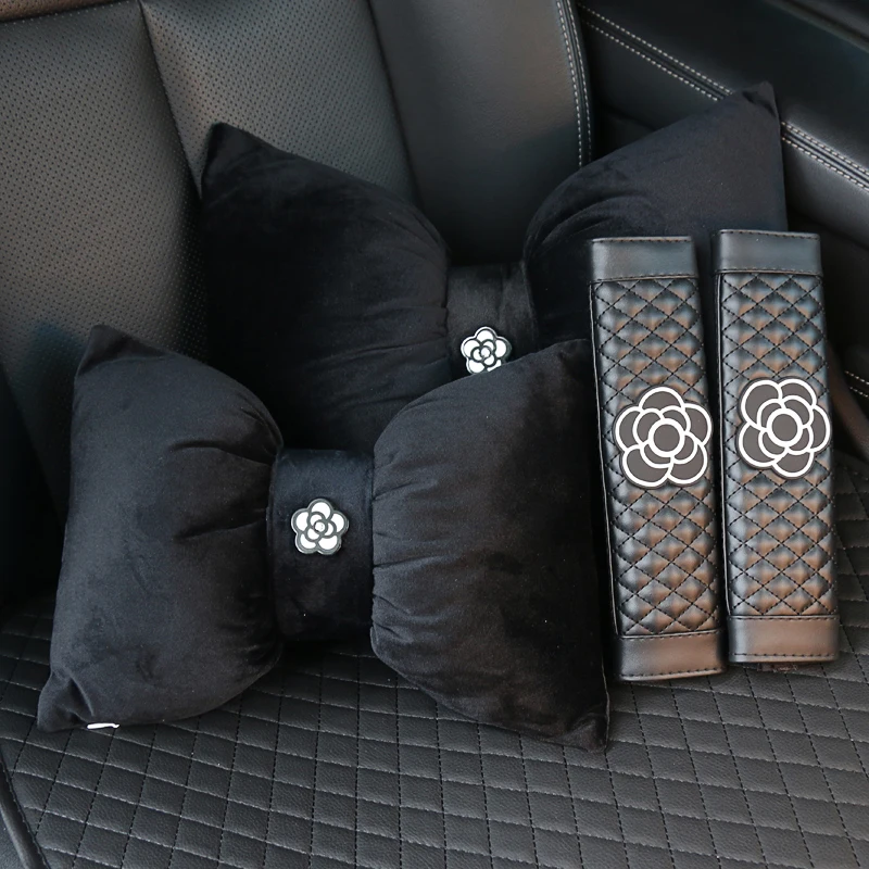 1PC Qualität Weiche Plüsch Bowknot Auto Hals Kissen Auto Kopfstütze Sitz Unterstützung Taille Kissen Kamelie Blume Auto Innen Zubehör