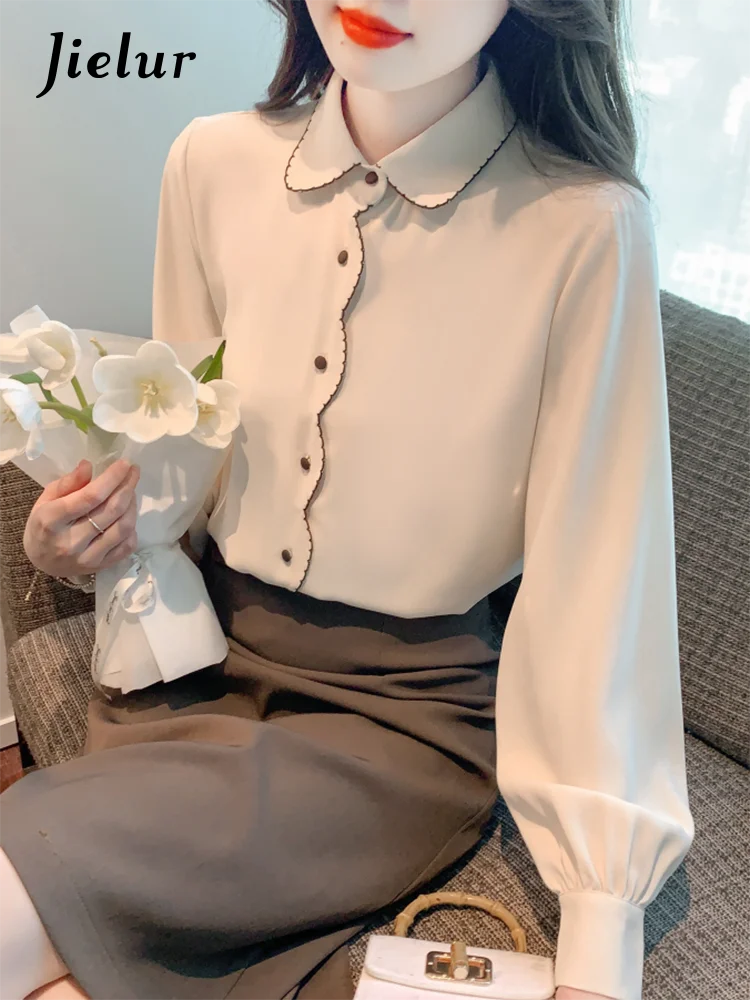 Jielur Autumn New Contrast Color Slim Women Shirt Sweet Ladies Elegant Shirt Woman Loose Office Chiffon Long-Sleeved Top Woman