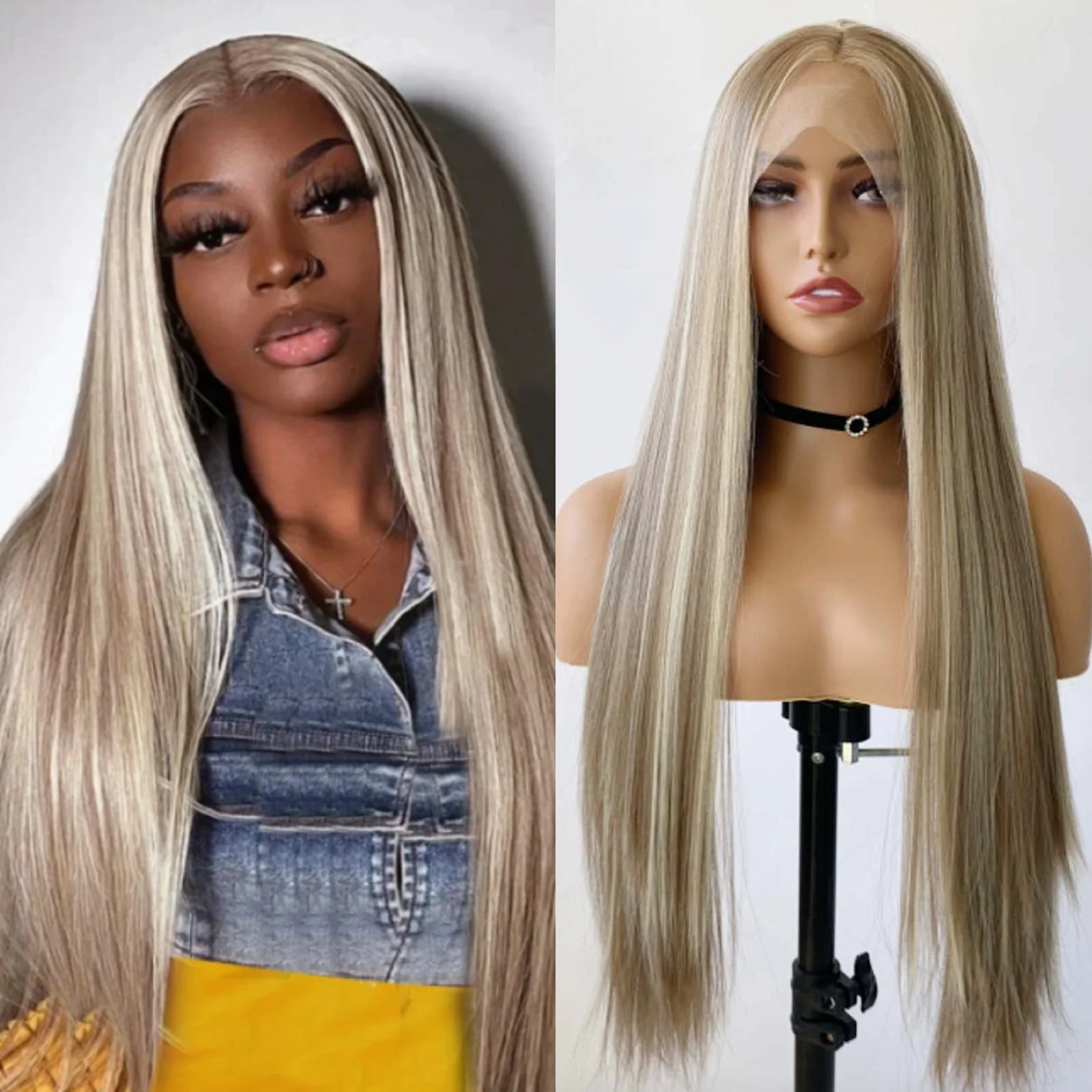 

RDY Highlight Wig Ash Blonde Straight Synthetic Lace Front Wig Glueless Skunk Stripe Colored Hair Frontal Wigs for Women Daily