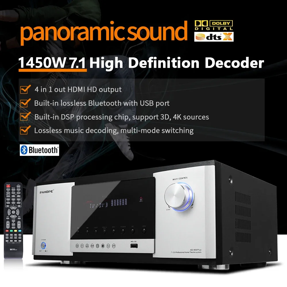 

High Power 7.1 Channel Home Theater Amplifier DTS HD AV Digital Power Amplifier With BT USB Metal Audio System Theater Use