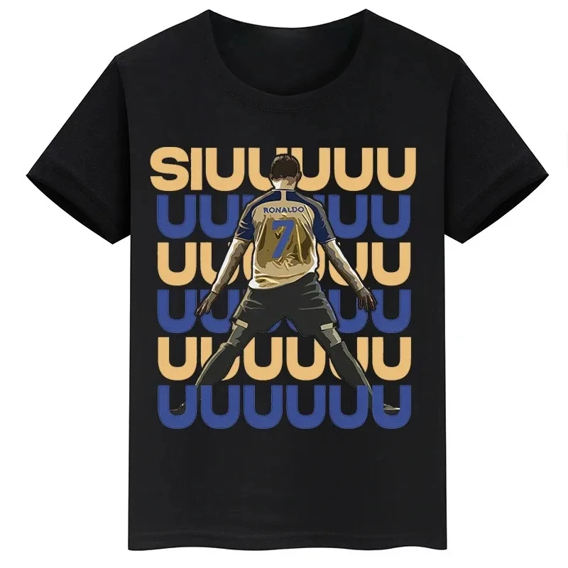 Summer Short-sleeved Boys Girls Black Cotton T-shirt Sportswear Tops Ronaldo Football Star Printed Children's Clothing Kids