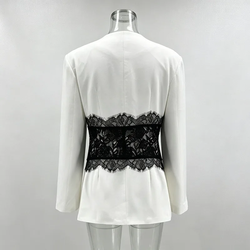 Women’s Chic Slim Fit Premium Spring Blazer New Arrival Lace Embroidery V-Neck Single Breasted Jacket Casual High-End Suit-Coat