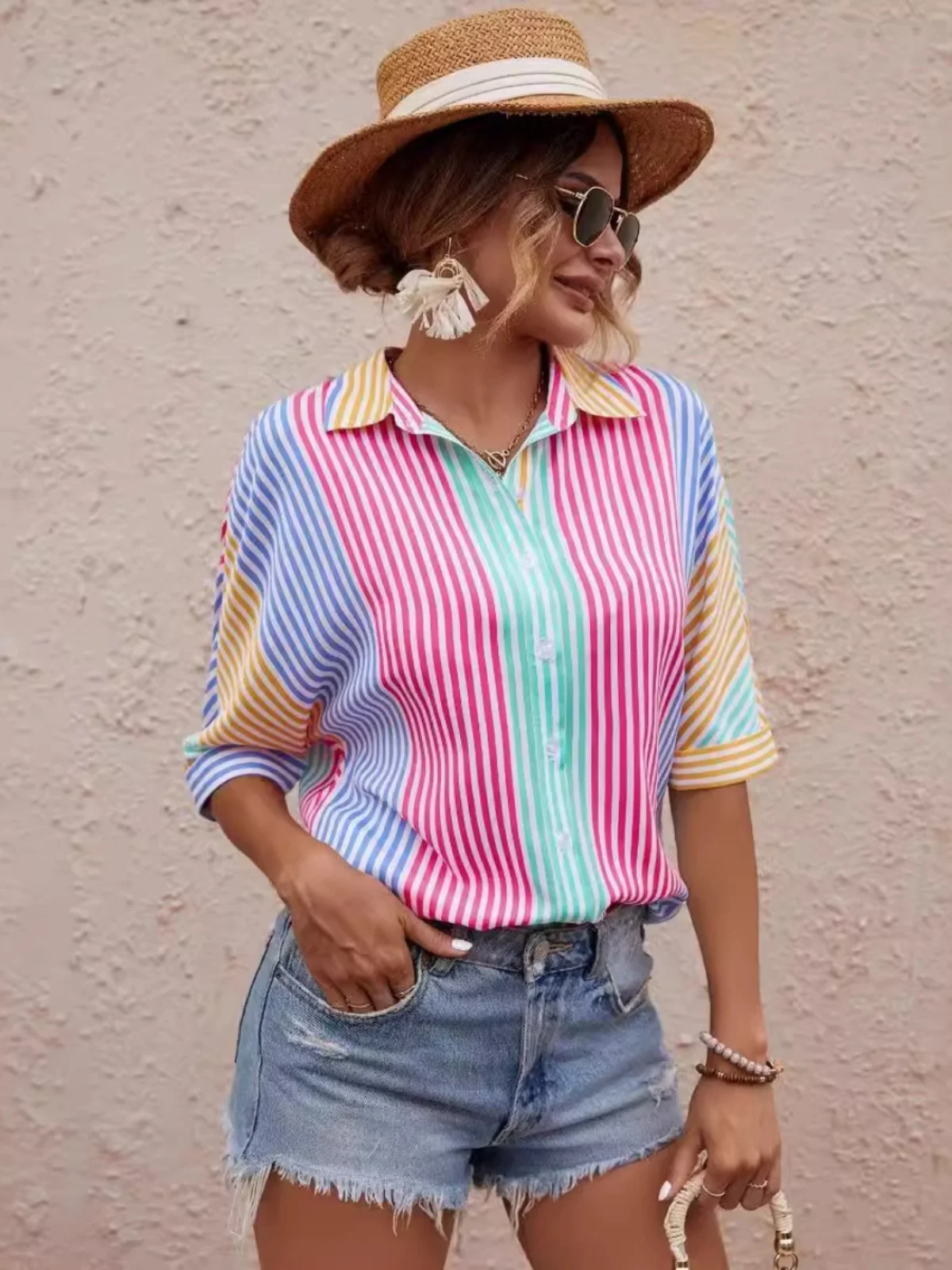 

Женский повседневный свободный крой в полоску irt Batwing Sve Топ контрастного цвета длиной пять четвертей с отложным воротником из смеси полиэстера