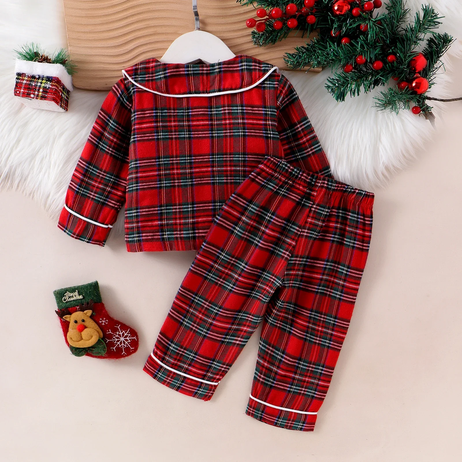 Kids Girls Boys Christmas Pajamas Autumn Winter Sets Plaid Print Turn Down Collar Shirts+Pants Clothes