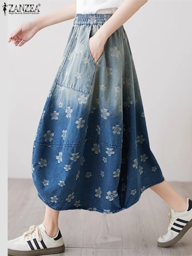 ZANZEA 2025 Stylish Pockets Skirts Women Casual Loose Long Bottoms Fashion Printed Workwear A-Line Elastic Waist Overskirts