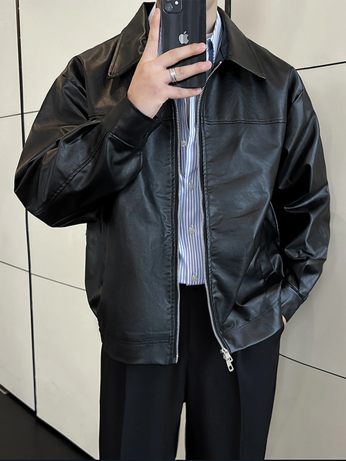 

Loose Men's Pilot Motorcycle Jaet High Street Zipper PU Leather Coat Spring Autumn New Sle Vintage Collar Biker Vest