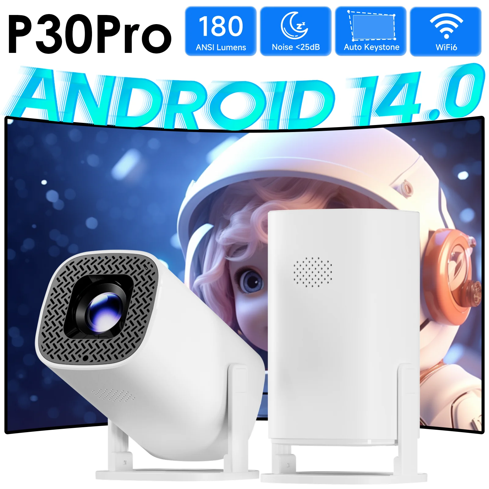 

P30PRO Android 14 Умный мини-проектор с поддержкой 4K HD-видео WiFi 6 BT5.0 Native 720p Домашний кинотеатр Открытый портативный проектор