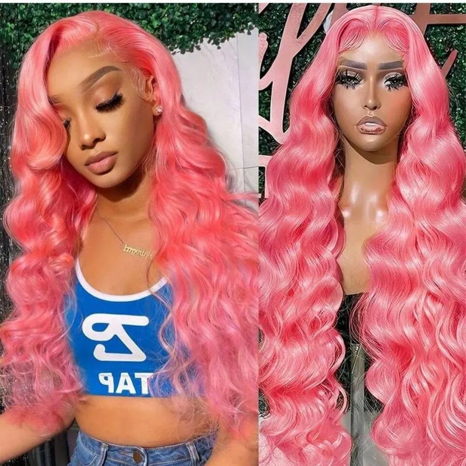 Wig Rambut Manusia Pink Model Body Wave 13X6 Hd Lace Frontal Wig 100% Rambut Manusia Wig Lace Front Berwarna Preplucked Rambut Brasil 38 Inch