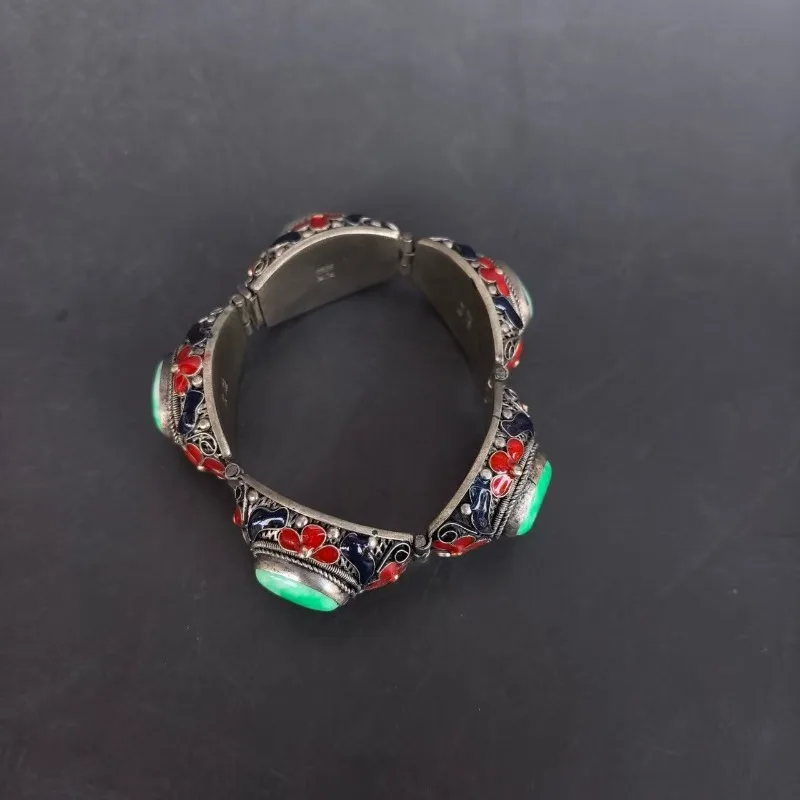 

Tibetan silver cloisonn é inlaid with jade gemstones bracelet, a beautiful holiday gift for friends