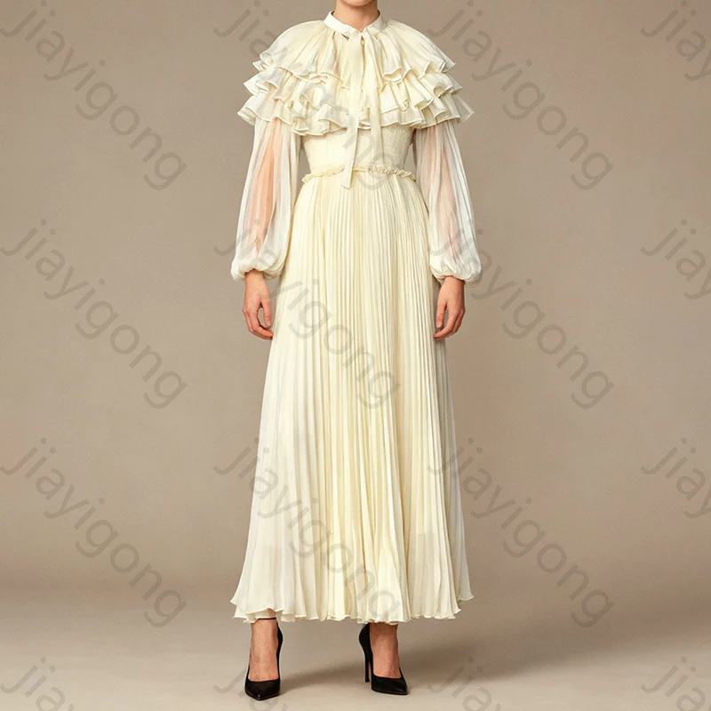 فساتين سهرة أنيقة على شكل حرف a وأكمام طويلة وطيات رائعة عالية الجودة أنيقة مكشكشة للحفلات الراقصة للنساء حسب الطلب