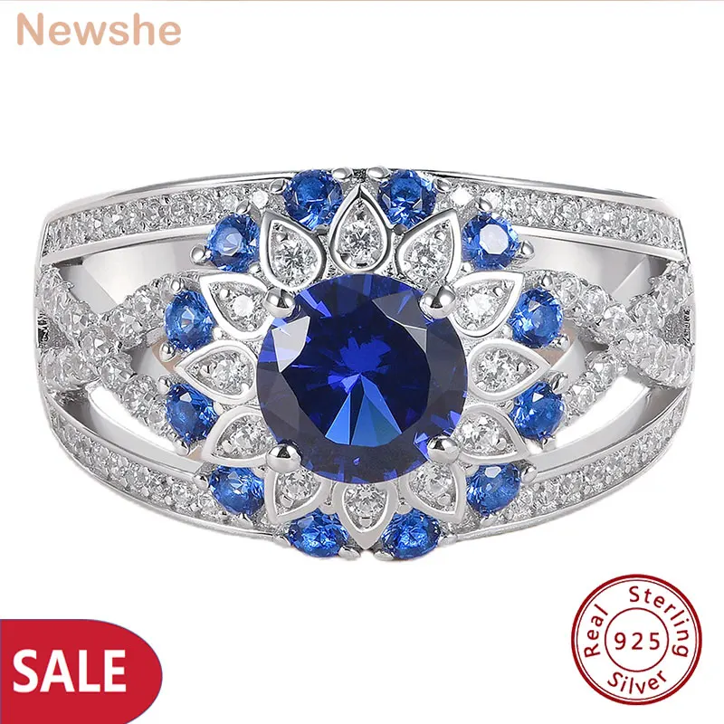 

Newshe 925 Sterling Silver White Blue Zircons Flower Engagement Rings for Women Dating Party Cocktail Ring Clearance Sale