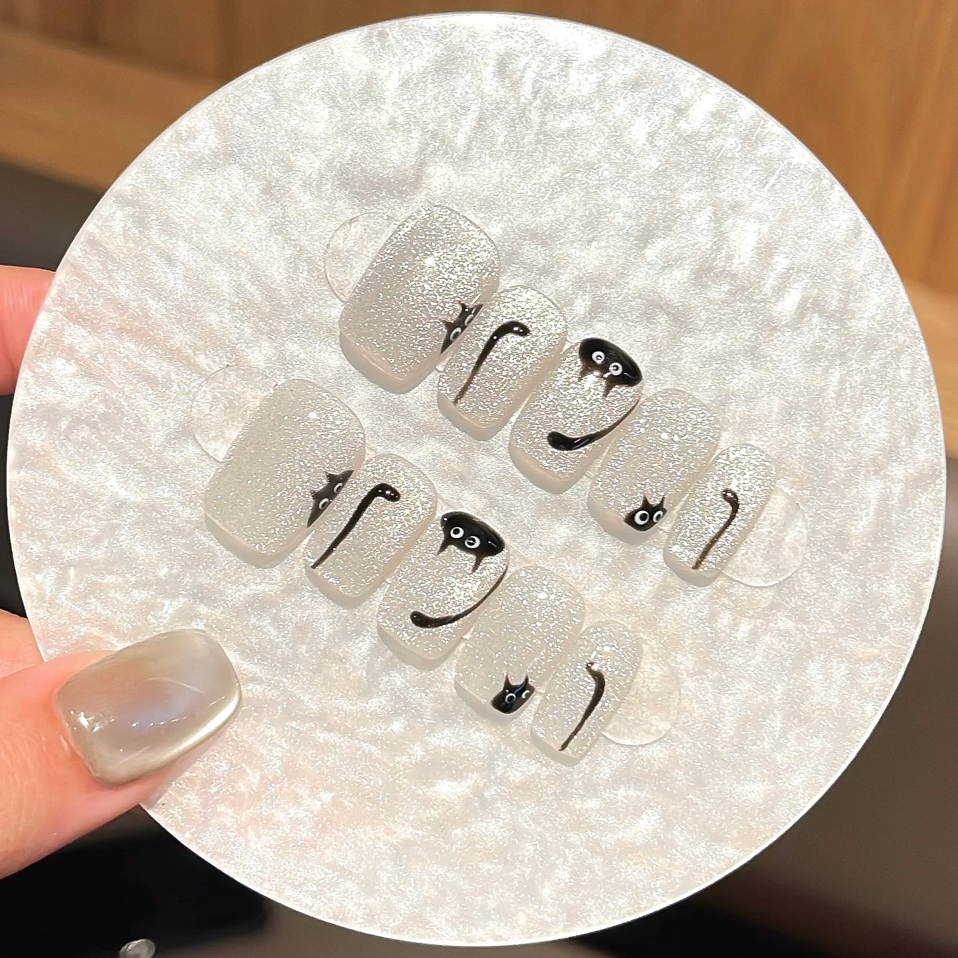 10PCS Original Handcrafted False Nails, Silver Glitter Short Square Press On Nails with Cute Black Cat Cartoon Nail Art Tips