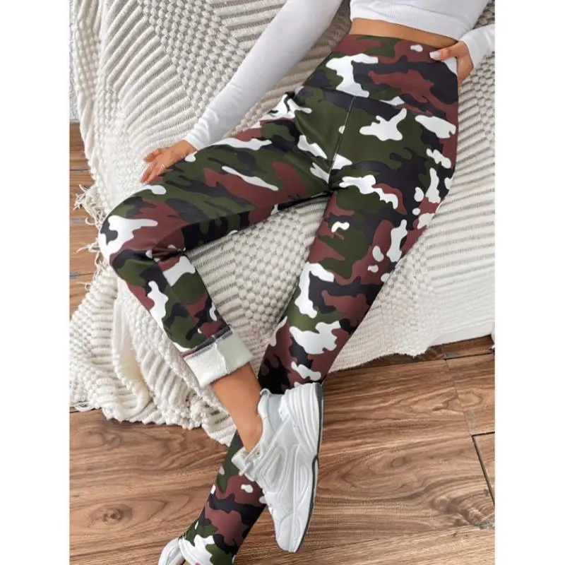 

High Waist Camouflage Print Thi Warm Women's Fce Fabric Cross-Border New Sle Casual Pants Korean Sle Straight Leg