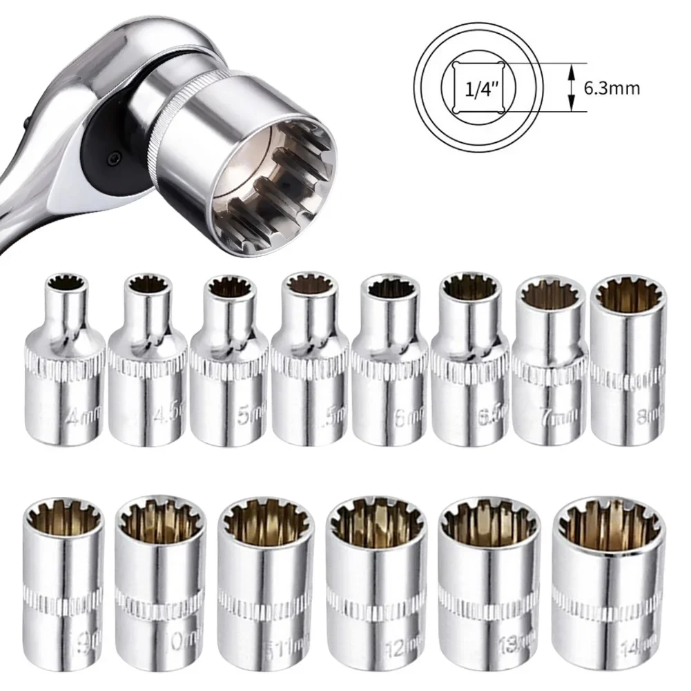 Multi Size Chrome Vanadium Steel Torx Bit Ratchet Wrench Adapter 12 Point Mirror Short Socket Head (1/4 Drive)