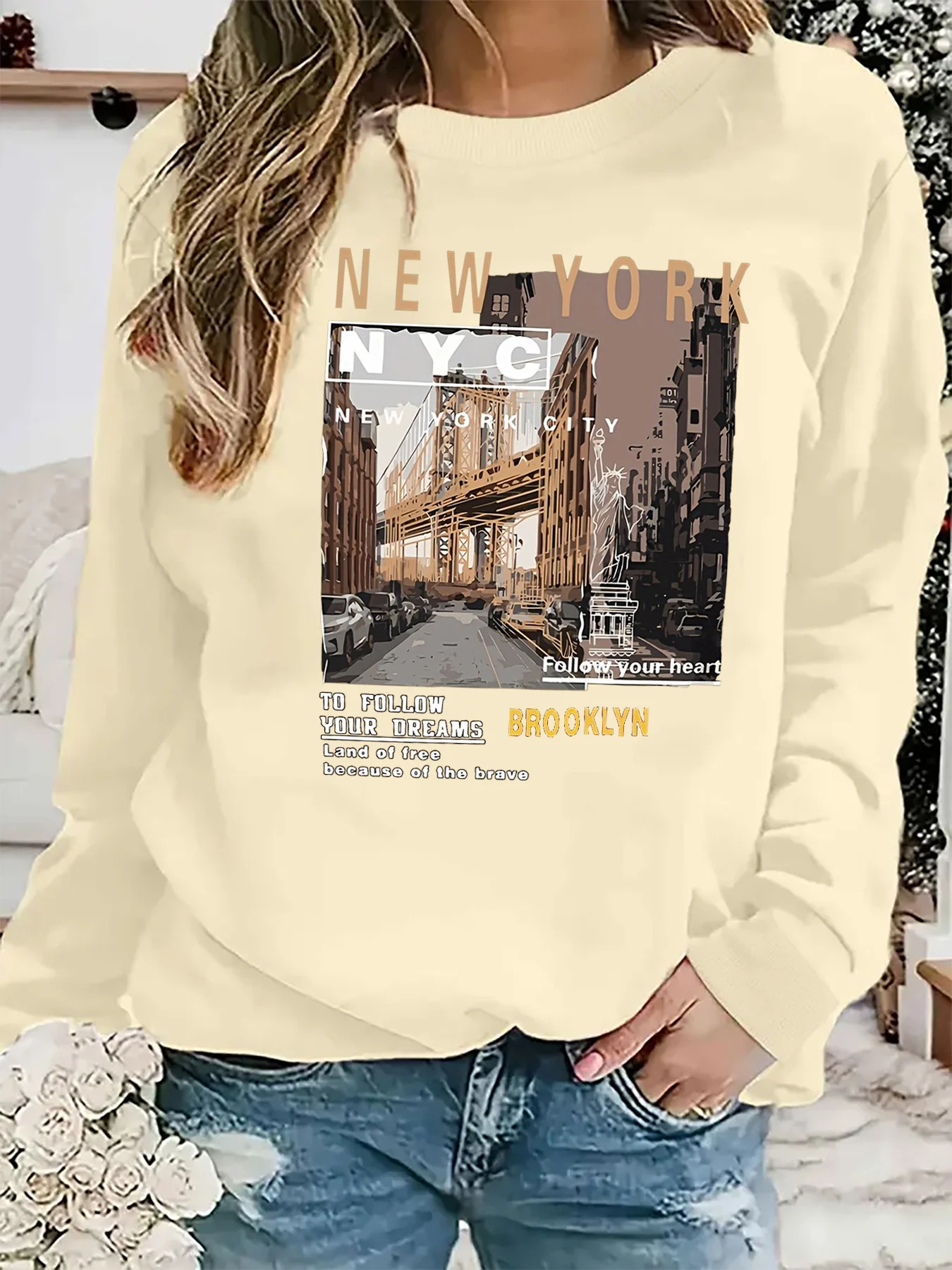 Pullover da donna autunno e inverno casual ampio, confortevole, caldo, con motivo New York City stampato, girocollo, maniche lunghe