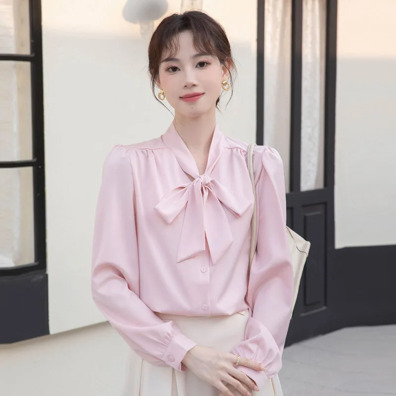 Women Clothing Elegant Long Sleeve Chiffon Shirt Summer Fashion Casual Bow Button White Blouses Office Lady Chic Solid Loose Top