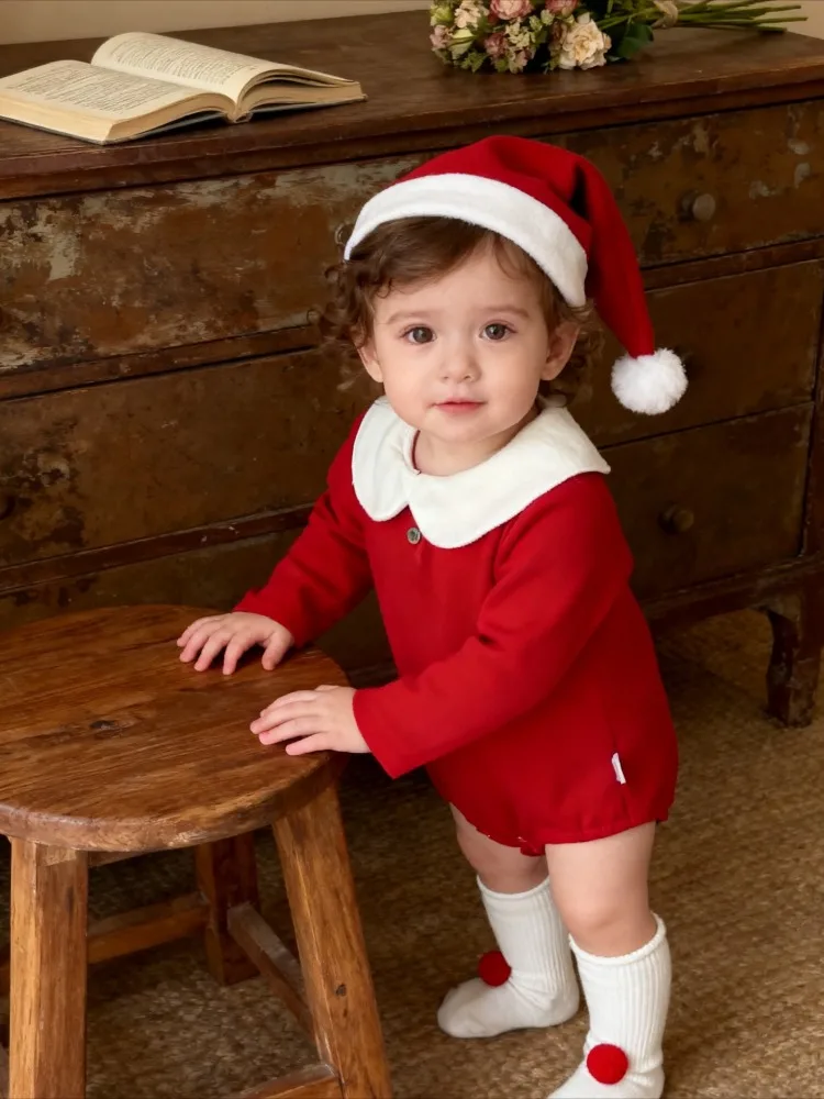 ملابس عيد الميلاد الاحتفالية باللون الأحمر للخريف والشتاء الكورية للأولاد والبنات ملابس مخملية للأطفال بدلة زحف عصرية مع قبعات عيد الميلاد #3