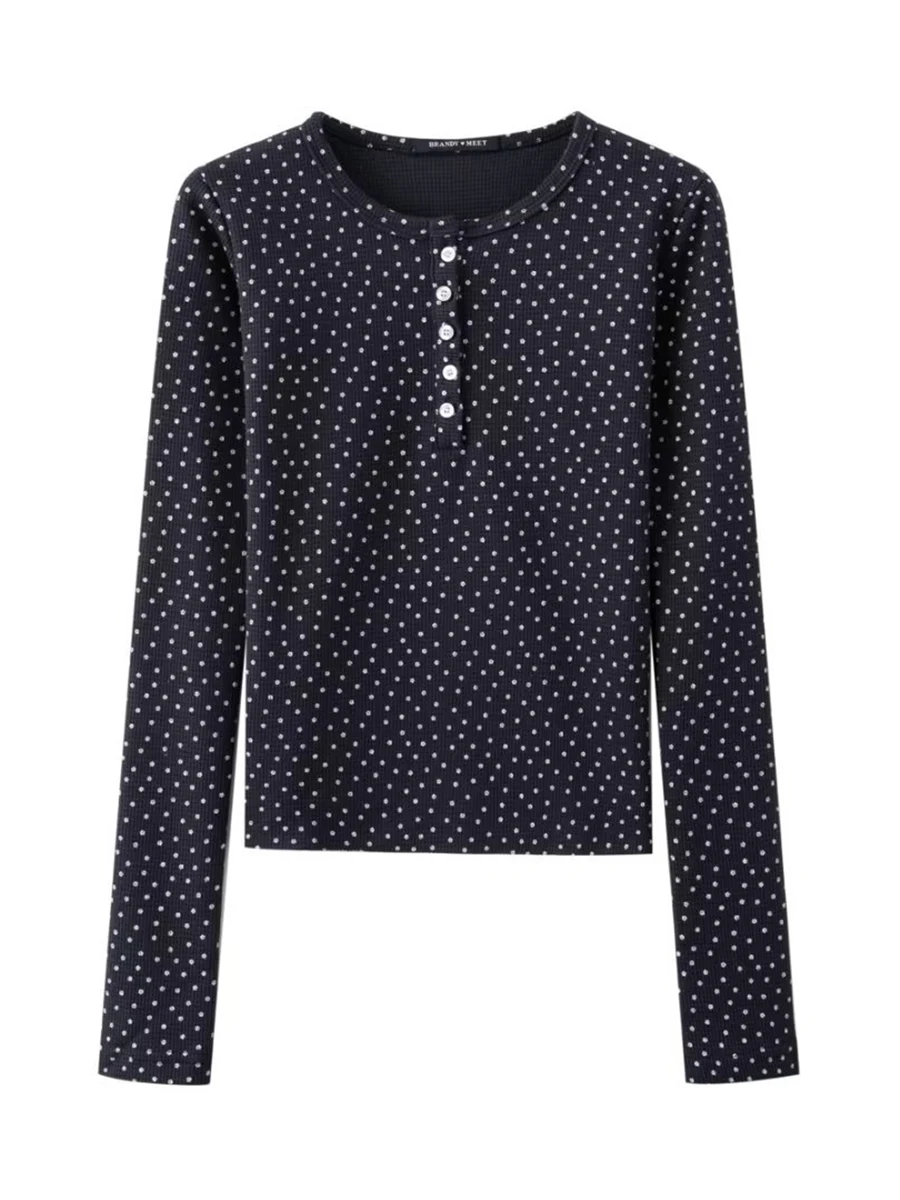 

Vintage Floral Print Waffle Crop Top Women Cute Button O-neck Slim Streetwear Long Sleeve Cotton Tees New Chic Sweet Y2k T-shirt